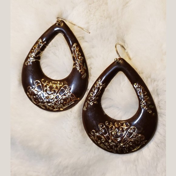 Jewelry - Brown Teardrop Earrings with Gold Swirl Accents